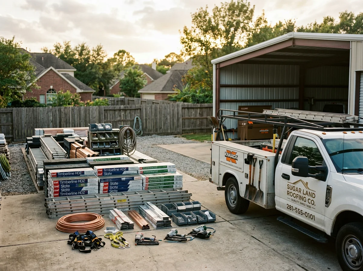 Professional roofing crew with tools and equipment ready for residential and commercial roof work.