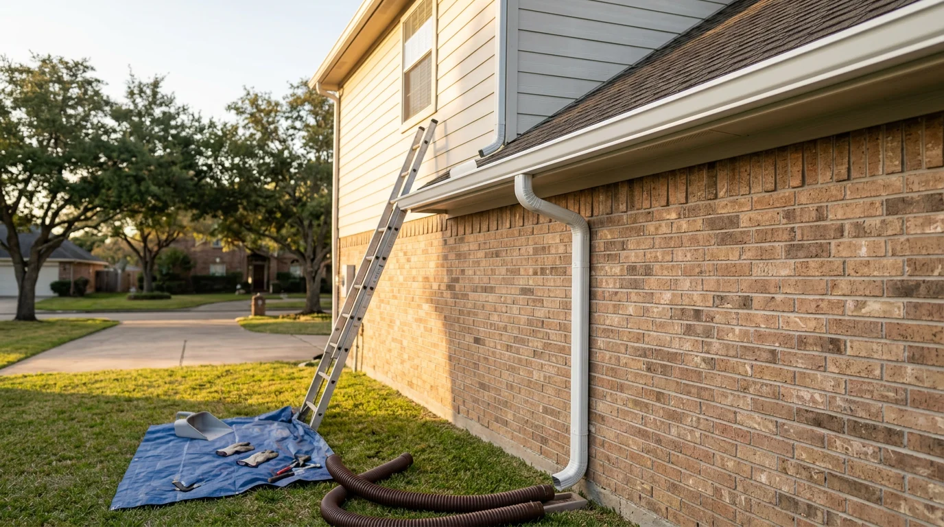 New aluminum gutters installed along the roofline of a residential home.