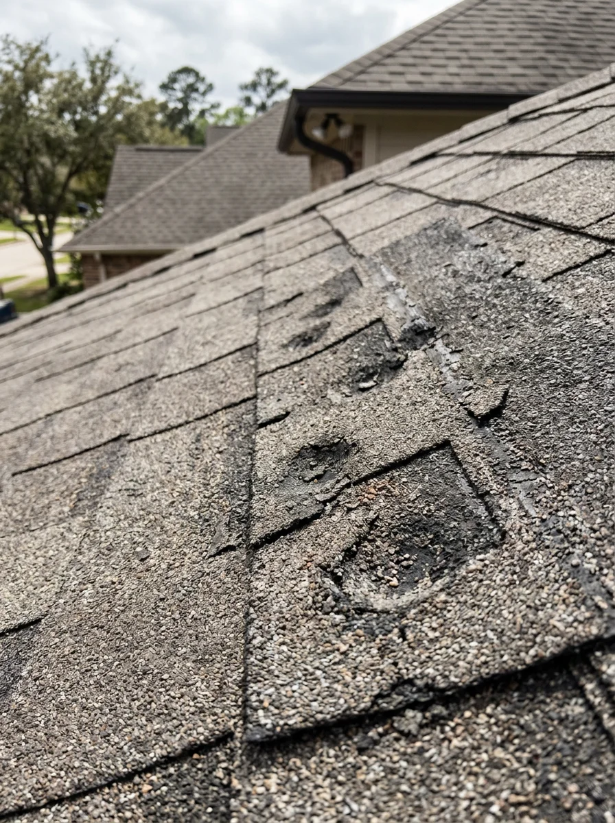 Close-up of hail-damaged asphalt shingles with granule loss on a Conroe, TX residential roof after a spring storm.