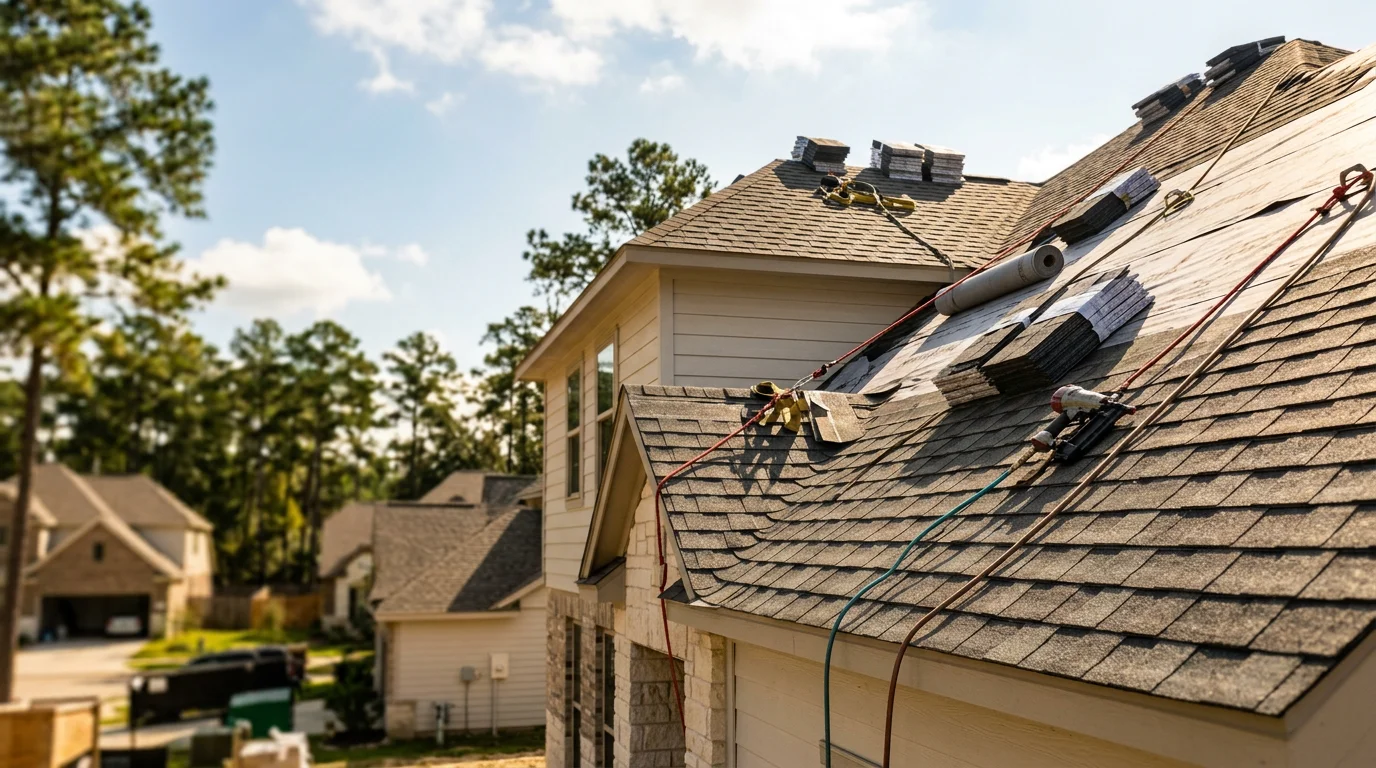 Roofer installing architectural shingles on a two-story home in a Conroe, TX master-planned subdivision with pine trees visible in the background.
