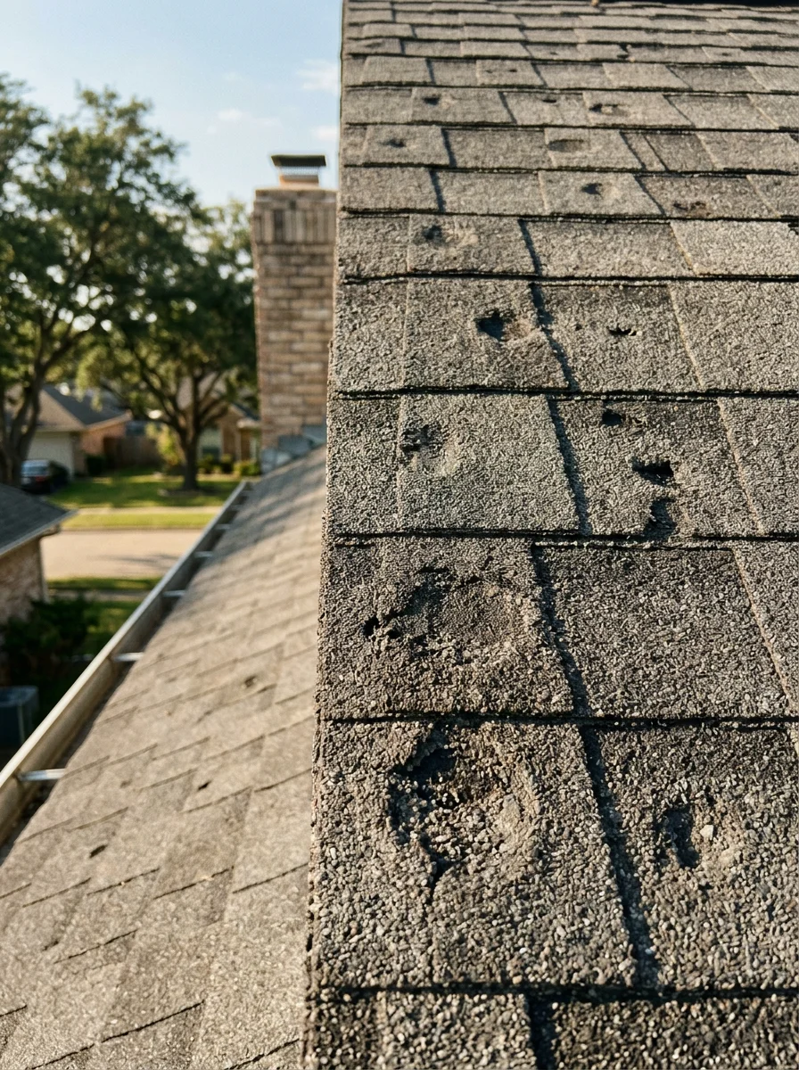 Roofer inspecting hail damage on an asphalt shingle roof in Houston, TX, showing granule loss and bruising on the shingle surface.