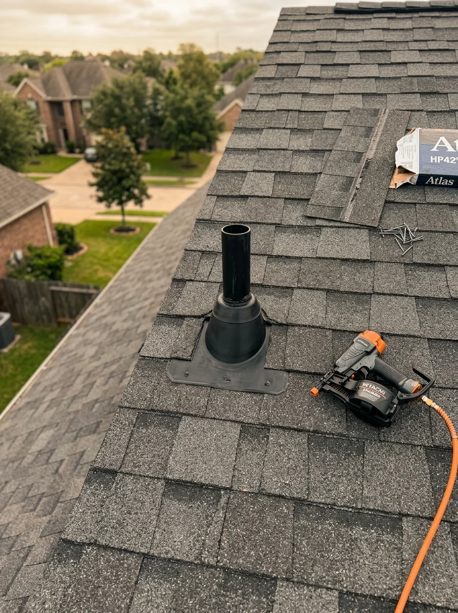 Close-up of new impact-resistant shingles being installed on a Katy, TX home roof with flashing detail visible around a pipe boot penetration.