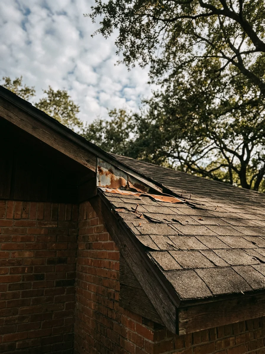 Aging asphalt shingle roof on a 1970s ranch-style home in Quail Valley, Missouri City, TX, showing granule loss and worn flashing at the ridge.
