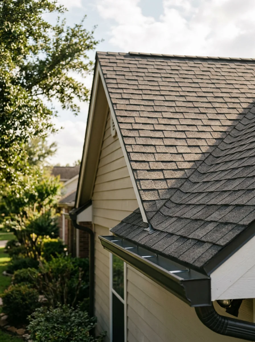 New architectural shingles installed on a Pearland, TX residential roof with a valley detail visible and gutter system along the eave.