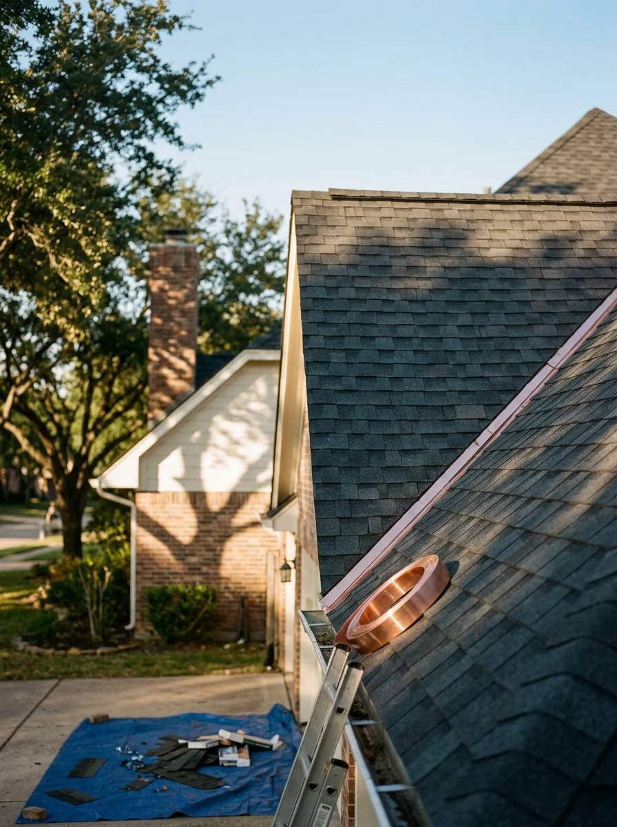 New architectural shingles being installed on a two-story home in Aliana, Richmond, TX, showing fresh ridge cap and flashing detail at a roof valley.