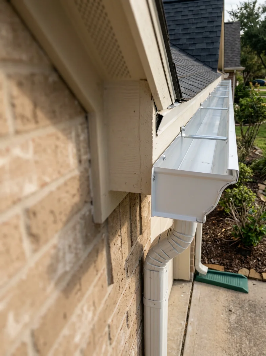 Gutter installation on a Sugar Land, TX residential home showing new aluminum gutters attached to the fascia board along the roofline.