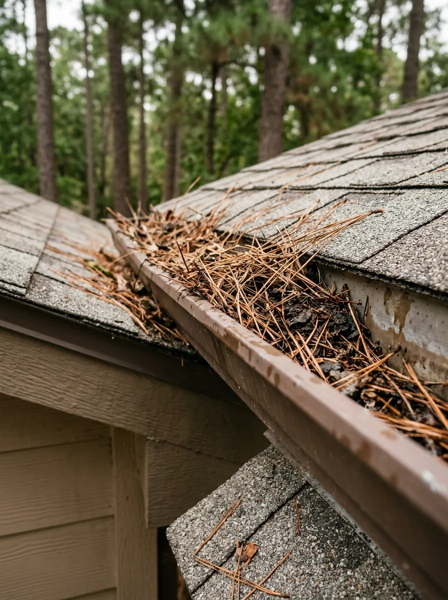 Gutter system full of pine needle debris on a Woodlands, TX home showing why regular clearing is critical to roof edge protection in this forested community.