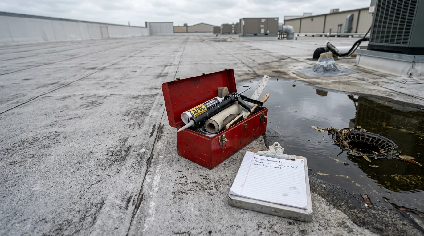 A commercial flat roof in Conroe, Texas showing a completed TPO membrane repair with sealed seams and cleared roof drains on a low-slope industrial building.