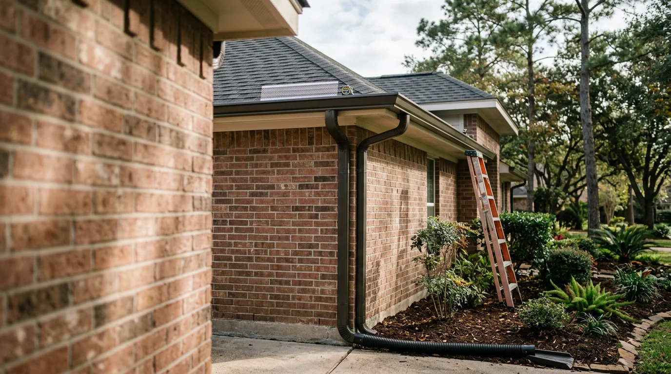 Newly installed seamless aluminum gutters along the roofline of a single-story Conroe home, with a downspout extending away from the foundation on a clay-soil lot. The surrounding yard shows no pooling or erosion at the foundation perimeter.