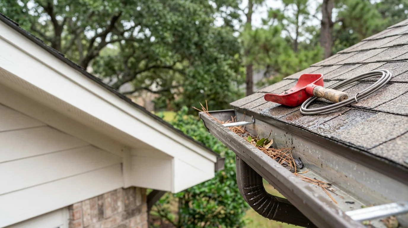 A Newcastle Roofing technician clearing pine needle and leaf debris from a residential gutter trough on a Conroe, Texas home. The downspout and fascia board are visible, with mature trees in the background typical of the Montgomery County area.