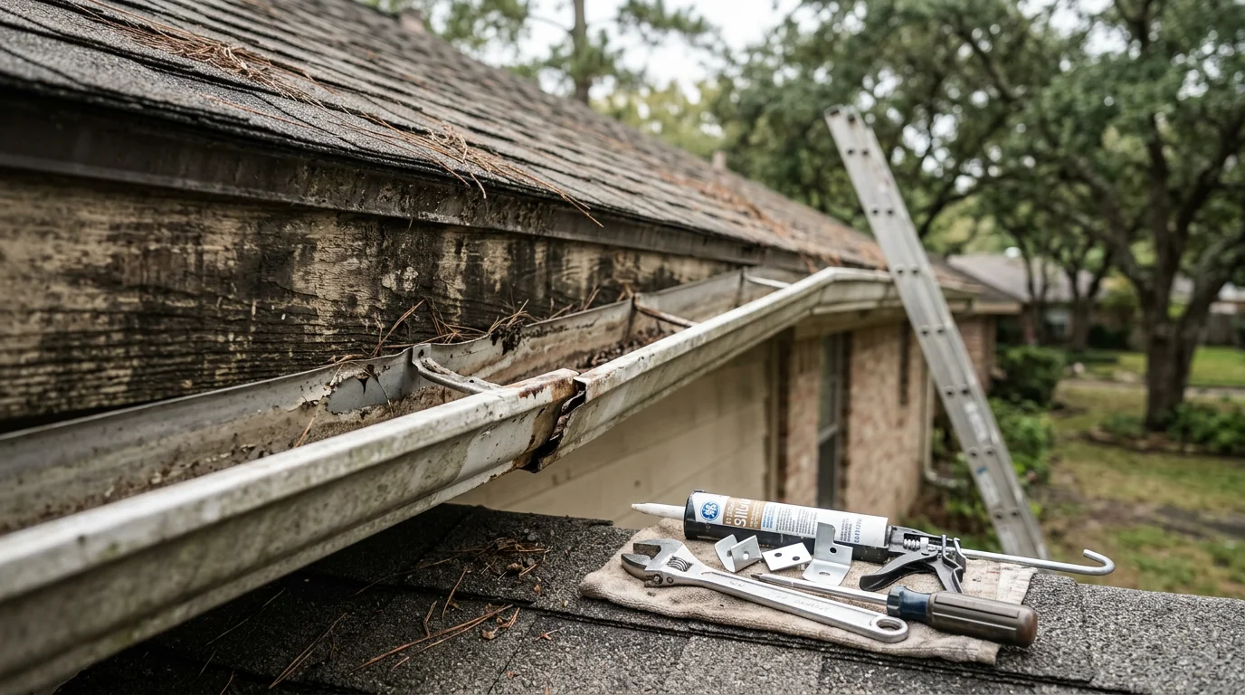 A Newcastle Roofing technician resealing a leaking gutter joint on a residential home in Conroe, Texas, with a downspout and fascia board visible in the background.