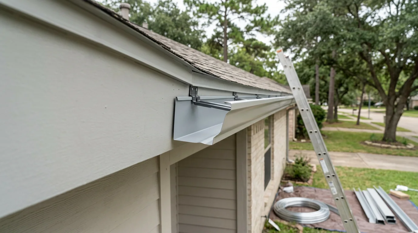 A Conroe home with a newly installed seamless aluminum gutter system running along the roofline, with downspouts positioned to direct water away from the foundation. The replacement gutters sit flush against the fascia with no visible sagging or separation.