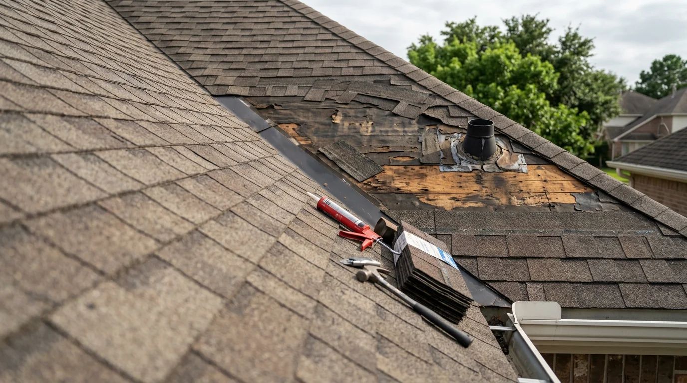 A roofing contractor repairing lifted shingles and flashing on a residential home in Conroe, Texas. Close-up view of storm-damaged roof sections being restored on a single-family home in Montgomery County.