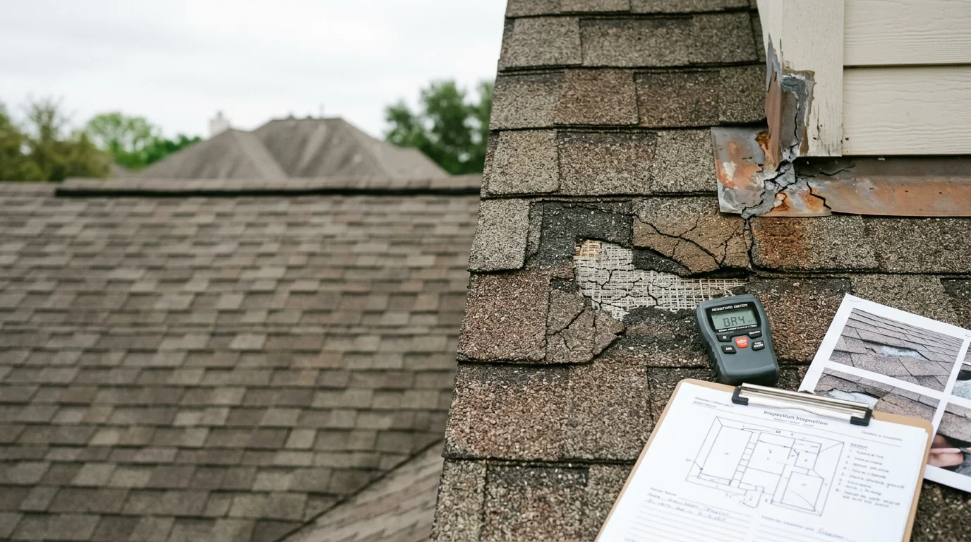 Newcastle Roofing inspector on a residential roof in Conroe, Texas, photographing hail damage to shingles and flashing along a ridge line. Drone view of a single-family home roof in Montgomery County showing granule loss and bruised shingle sections documented for an insurance inspection report.
