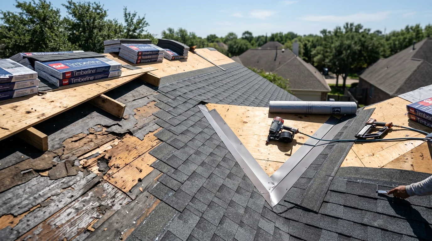 A completed residential roof replacement on a single-family home in Conroe, Texas, showing newly installed architectural shingles with clean ridge lines and finished hip edges. The home sits in a Montgomery County neighborhood with mature trees visible in the background.