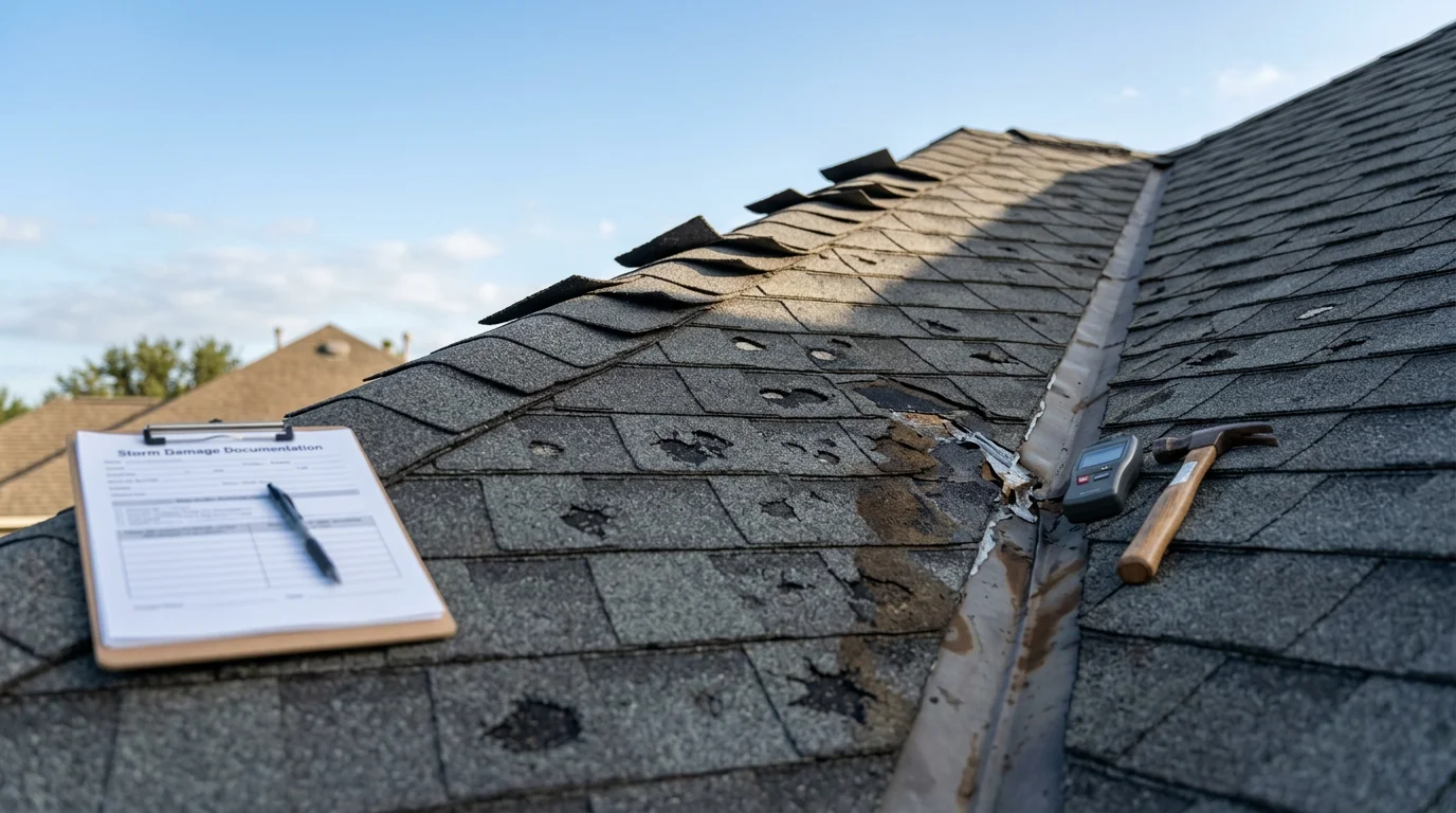 A Newcastle Roofing contractor on a Conroe residential roof examining hail bruising and granule loss on asphalt shingles after a spring storm. Close-up view shows impact marks on shingle surface with damaged flashing visible near the roof edge.